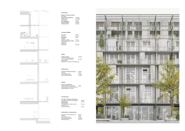 Beim bestehenden Produktionsgeb&auml;ude bleibt ein Teil des Bestandes erhalten.&nbsp;Die vier bestehenden Geschosse werden mit zwei Geschossen in Holzbauweise aufgestockt.&nbsp;Materialien aus dem Hochregallager werden f&uuml;r die Fassade wiederverwendet.
Plan: Fassadenschnitt und Fassadenansicht Produktionsgeb&auml;ude
