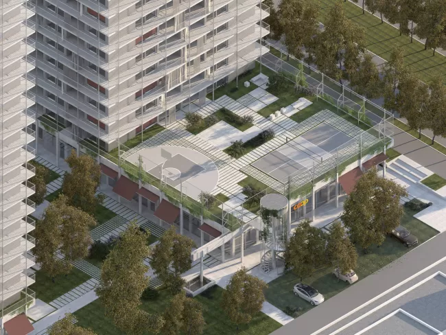 The podium activates the ground level with arcades, foyers and publicly oriented uses, while its roof gardens provide shared outdoor amenities for residents. The roofscape functions as a sponge system, retaining and gradually releasing rainwater while enhancing biodiversity across landscaped surfaces.