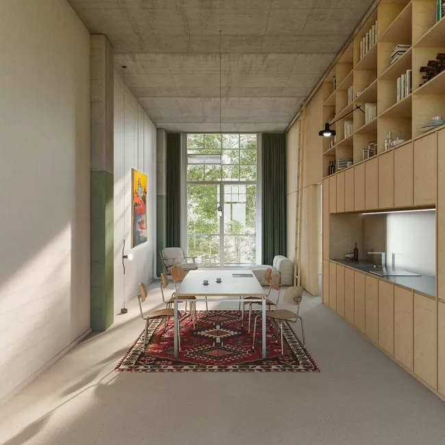 Blick von einer Loft-Wohnung im Produktionsgeb&auml;ud, Bild: E2A